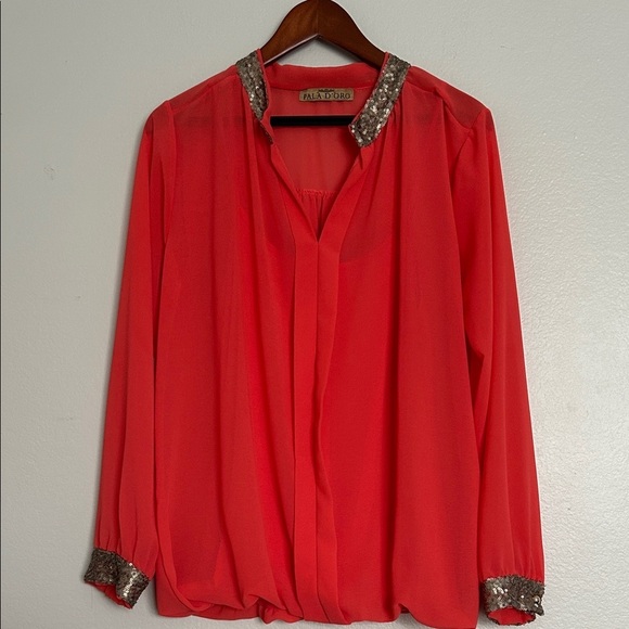 Orange Sequin Trim Blouse • Made in Italy • Elegant Long Sleeve Top - Picture 3 of 10